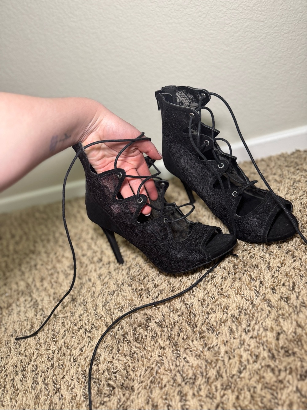 NWOT Charlotte Russe Black Lace-Up Peep Toe Stiletto Heels